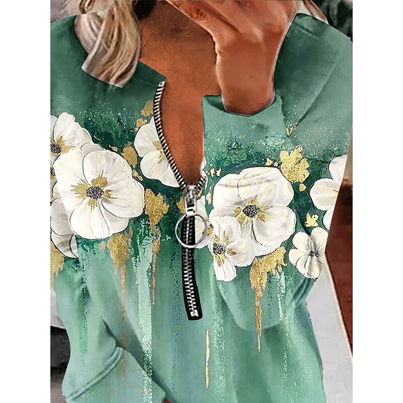 Women's Pullover Sweatshirt Zip Up Sweatshirts Floral Graphic Fashion Casual Long Sleeve Crew Neck Regular Tops Street Dailywear Zipper Print Blue Purple Green Fall Winter2