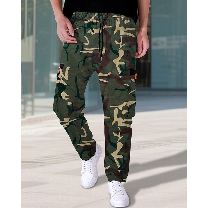 Men's Cargo Pants Trousers Drawstring Elastic Waist Multi Pocket Plain Camouflage Wearable Outdoor Daily Camping & Hiking Fashion Classic ArmyGreen Black - Main Image