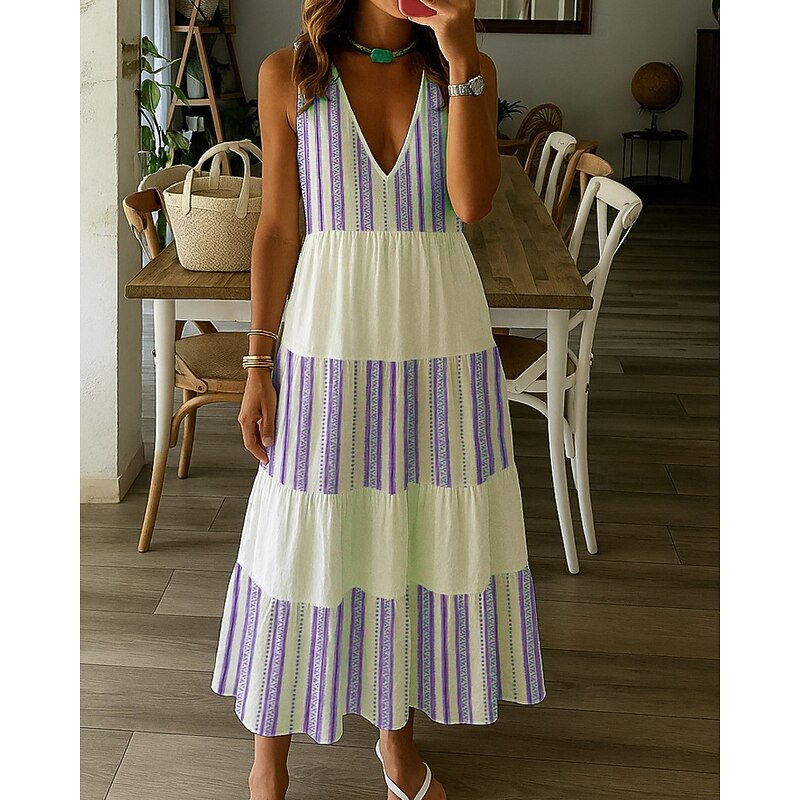 Women's Midi Dress Floral Dress Print Dress Fashion Modern Vacation Holiday Weekend Regular Fit Color Block Flower Sleeveless V Neck Red Purple Green Light Blue Summer2