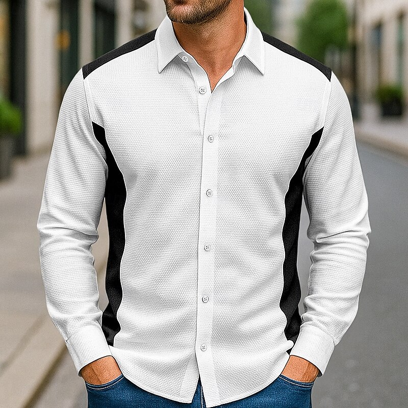Men's Shirt Casual Shirt Button Up Shirt Waffle Knit Shirt White Blue Orange Green Long Sleeve Solid Color Lapel Vacation Halloween Patchwork Clothing Apparel Fashion Casual Comfortable