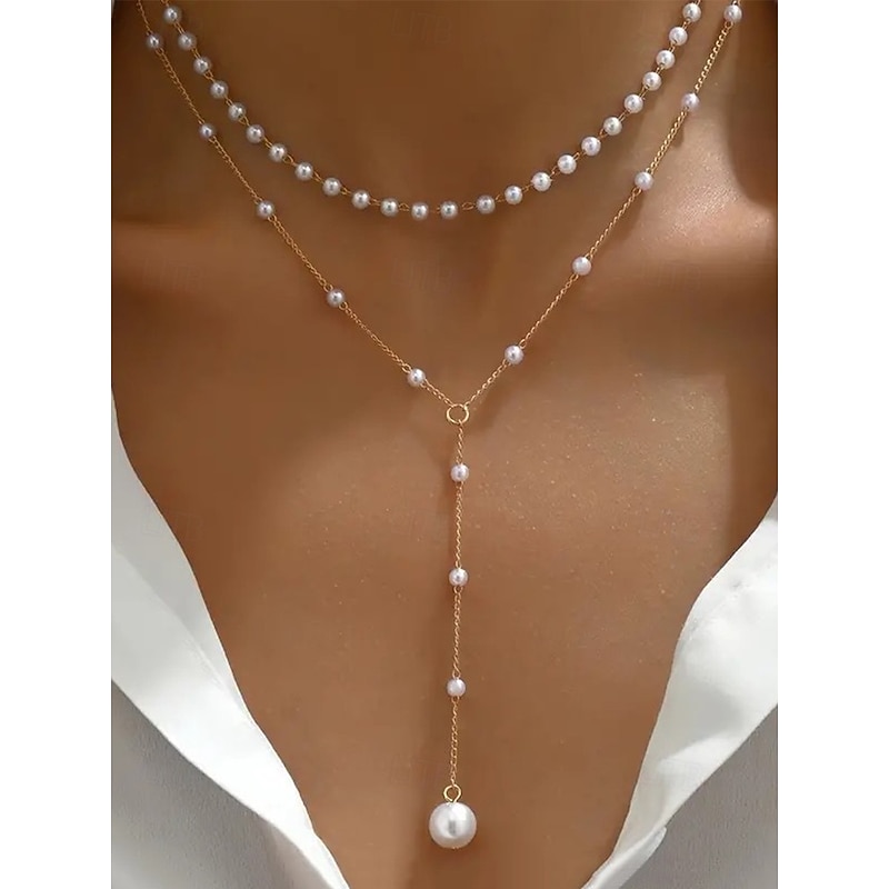 Women's Layered Pearl Pendant Necklace – Elegant Gold-Tone Alloy Chain with Imitation Pearl Accents for Formal Events, Weddings and Evening Parties3