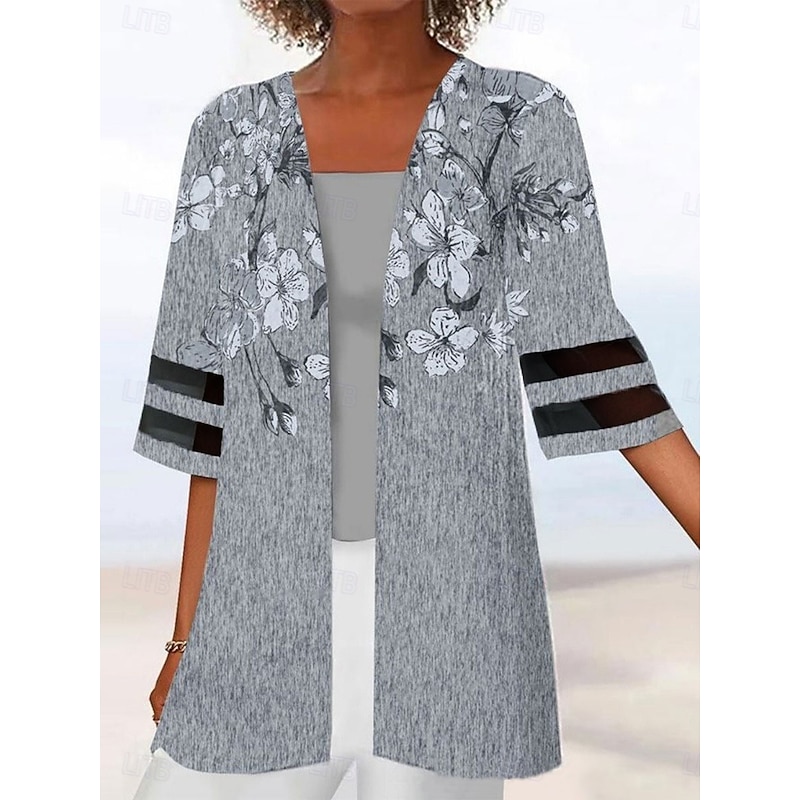 Women's Casual Jacket Breathable Comfortable Patchwork Print Casual Floral Vacation Street Daily Wear Going out Open Front Regular Collarless Regular Fit 3/4 Length Sleeve Outerwear Black Green Dark