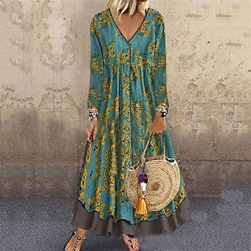 Women's Long Dress Maxi Dress Print Dress Fashion Classic Modern Outdoor Vacation Holiday Regular Fit Graphic Flower Long Sleeve V Neck Yellow Wine Blue Green Spring