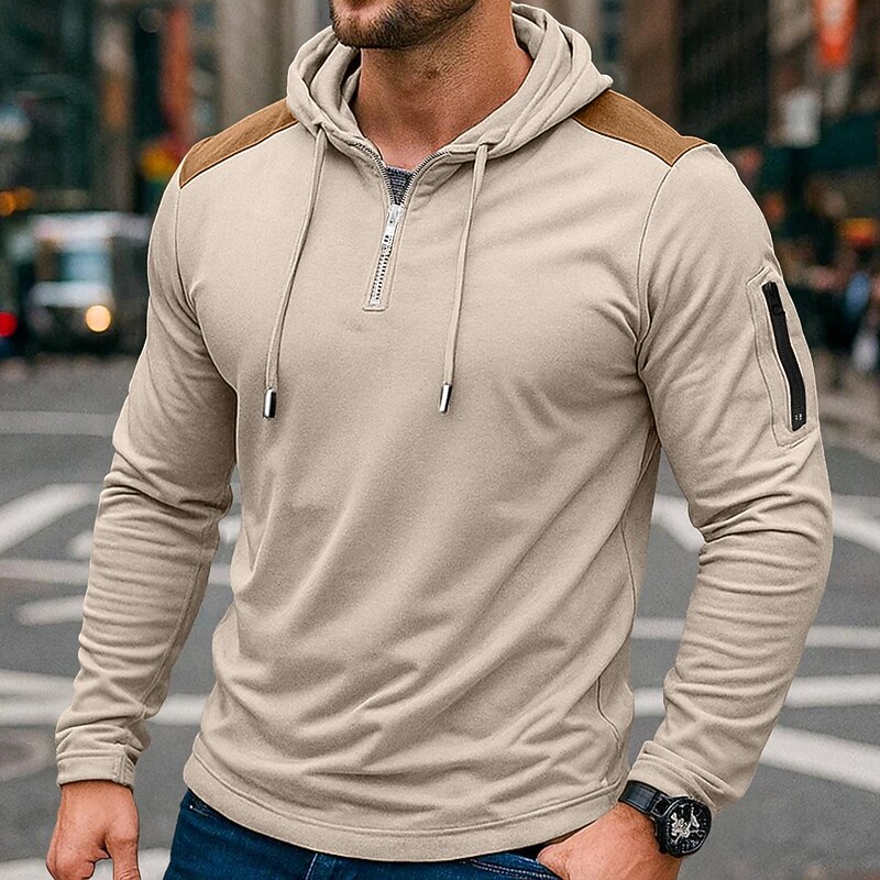 Men's Quarter Zip Tee Tee Top Long Sleeve Shirt Long Sleeve Hooded Summer Fall Patchwork Daily Casual Street Style Zipper Outdoor Street Causal Black Navy Blue khaki Top Tee for Men