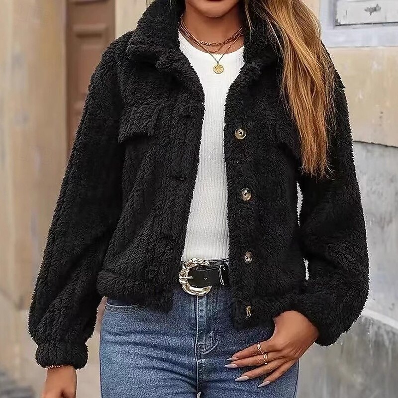 Women's Double Fuzzy Jacket Thick Warm Buttons Long Sleeve Sports Solid Color Top For Outdoor Travel Vacation Activewear