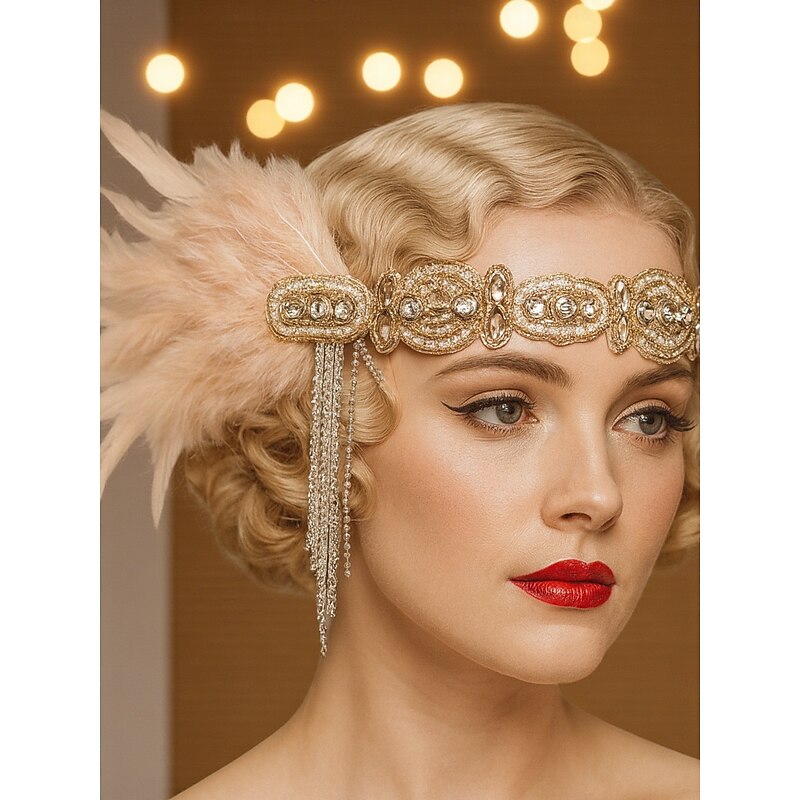 Women's 1920s Gold Beaded Feather Headband with Rhinestone Chains - Vintage Gatsby Party Flapper Hair Accessory2