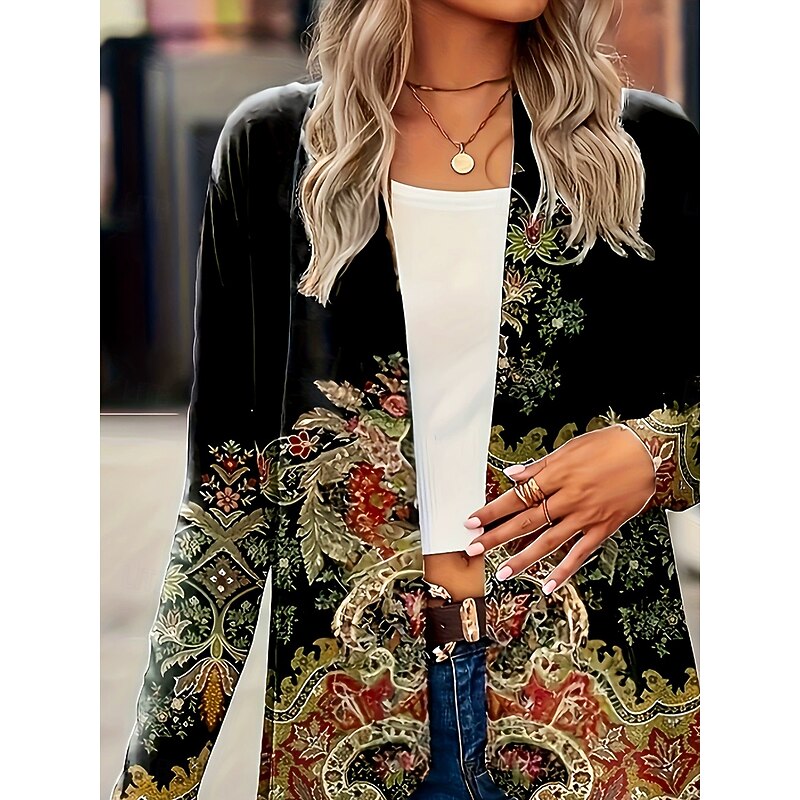 Women's Trench Coat Comfortable Breathable Print Open Front Vintage Daily Retro Casual Floral Vacation Street Casual Daily Wear Open Front Long Collarless Regular Fit Long Sleeve Outerwear Black2