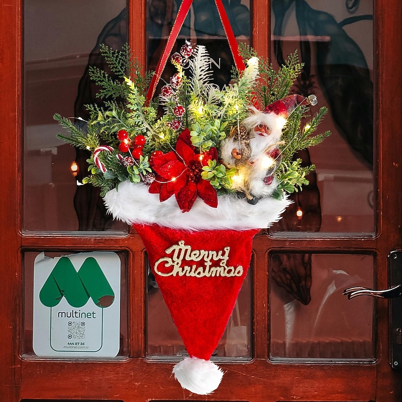 Christmas Creative Light Up Santa Hat Hanging Decoration Realistic Green Pine Needle Door Hanging Christmas Tree Ornament Perfect Festive Holiday Home Decor2