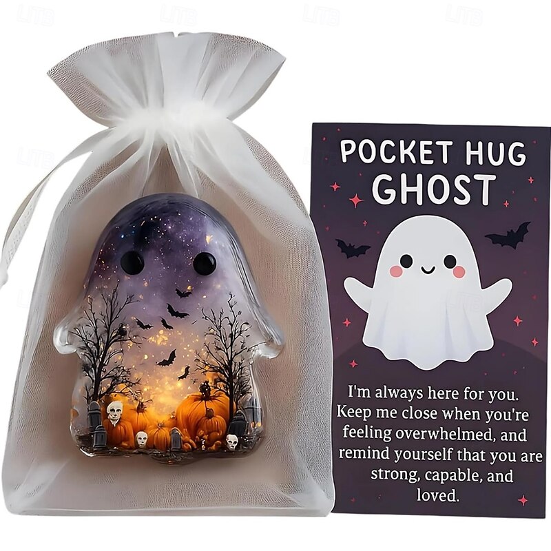 Halloween Pocket Hug Ghost with Encouragement Card Cute Mini Charm Inspirational Gift for Friends Hand Carved Gemstone Ghost Statue Sculpture for Home Desk Decor3