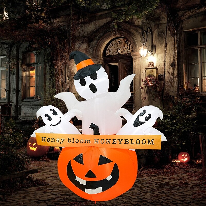 1 Pc1.5M * 1.3M Halloween 3 Head Ghost Pumpkin LED Inflatable Air Model Indoor/Outdoor Courtyard Garden Lawn Party Halloween Festival Atmosphere Light EU/US/AU/UK Plug
