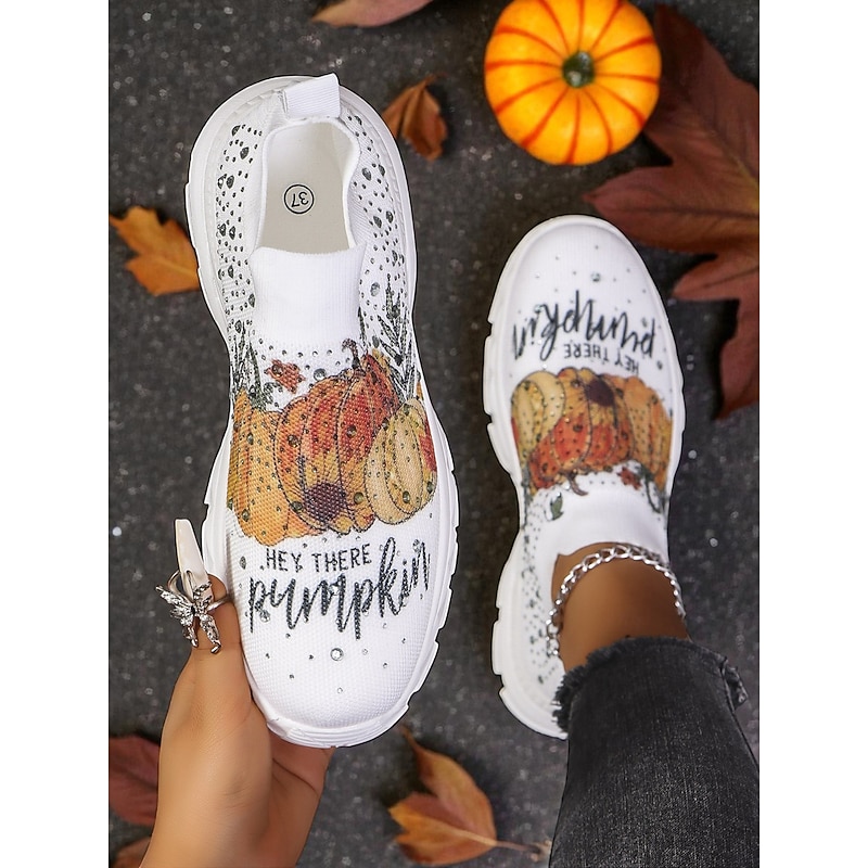 Women's Flyknit Slip-On Sneakers with Sunflower Pumpkin Envelope Print – Comfortable Fall Casual Shoes for Halloween, Thanksgiving & Harvest Festival
