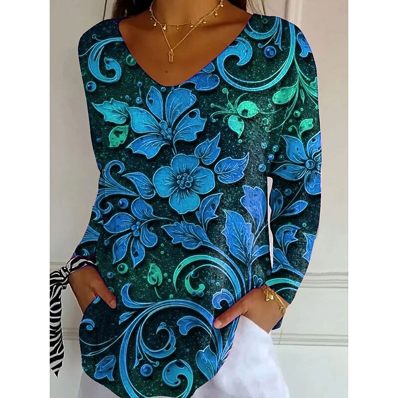 Women's T Shirt V Neck Long Sleeve Tunic Floral Graphic Plants Vintage Stylish Classic Regular Tops Daily Print Blue Purple Orange Spring Fall4