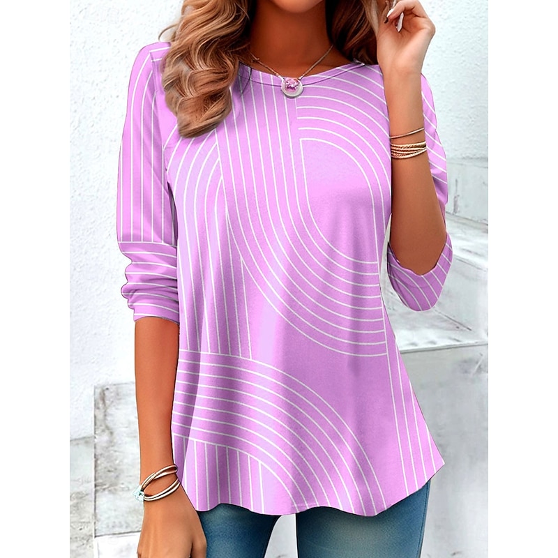 Women's T shirt Long Sleeve Crew Neck Long Sleeve Tunic Graphic Geometric Striped Vintage Stylish Regular Tops Daily Print Pink Blue Purple Green Gray Spring Fall Prefall3