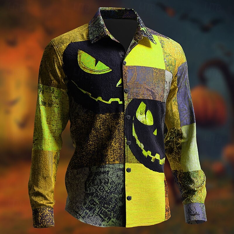 Halloween Men's Color Block Pumpkin Patchwork Shirt Button Up Shirt Long Sleeve Dark Gothic Style Holiday Streetwear Summer Spring Turndown 3D Print Collared Shirts Blue Purple Orange Green2