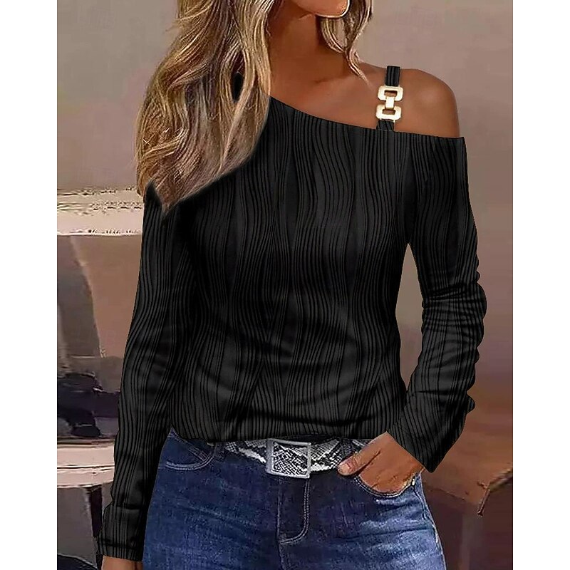 Women's T Shirt Plain Casual Long Sleeve One Shoulder Regular Tops Daily Going out Weekend Black White Pink Summer3
