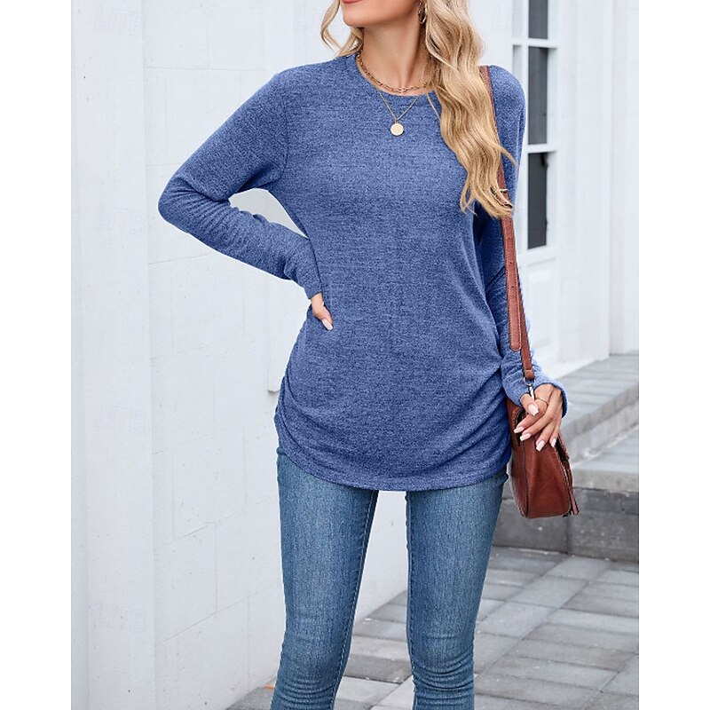 Women's Texture Blouse T Shirt Plain Casual Long Sleeve Crew Neck Regular Tops Daily Weekend Black Wine Army Green Blue Brown Fall4