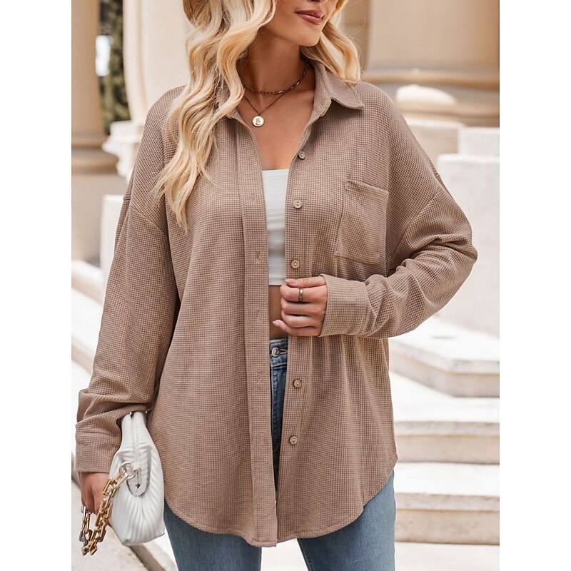 Women's Shirt Solid Color Stylish Casual Long Sleeve Shirt Collar Regular Tops Daily Pocket Buttons Black Khaki Beige Spring Fall Winter2