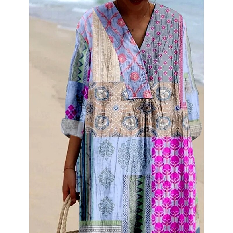 Women's Midi Dress Casual Dress Sundress A Line Dress Vacation Casual Boho Party Holiday Beach Loose Fit Floral Graphic Abstract Long Sleeve V Neck Light Pink Light Green Purple Spring Fall2