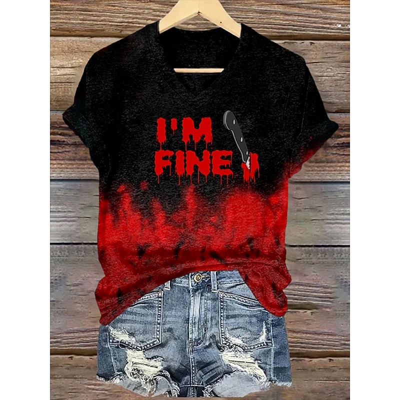 Halloween Women's T Shirt Ombre Graphic Letter Vintage Stylish Classic Short Sleeve Crew Neck V Neck Round Neck Regular Tops Daily Weekend Print Red Orange Green Summer Fall Winter