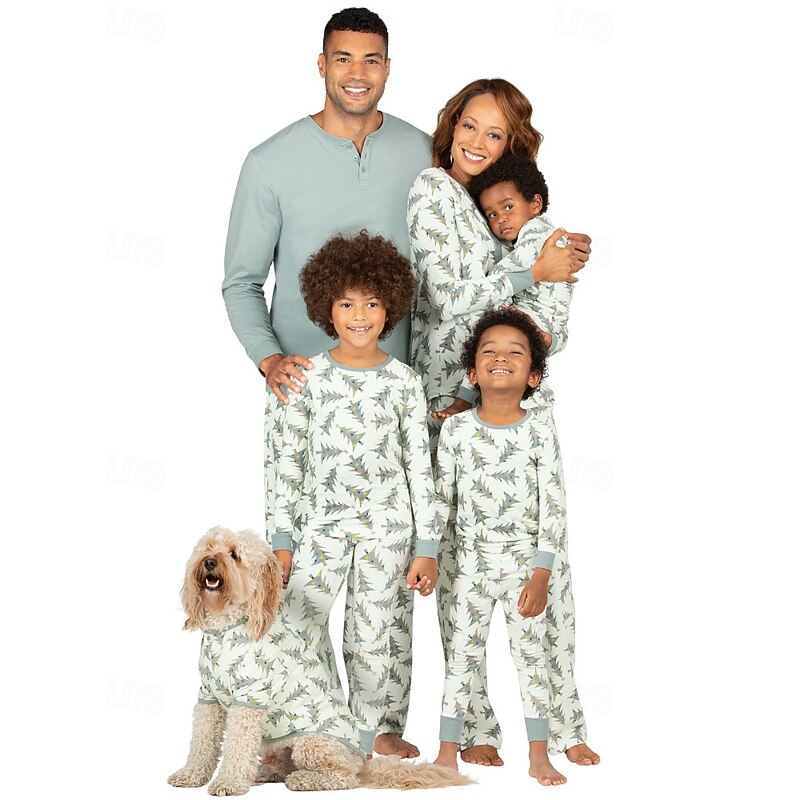 Family Pajamas Christmas Pattern Home Print Beige Long Sleeve Active Matching Outfits