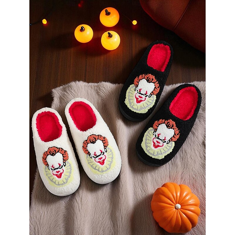 Unisex Fuzzy Horror Clown Slippers with Red Plush Lining - Halloween Indoor Cozy Shoes for Scary Costume Parties and Horror Movie Fans