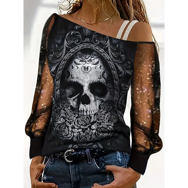 Halloween Women's Blouse Stylish Casual Beach Long Sleeve Asymmetrical Regular Tops Daily Print Black Summer Spring Fall