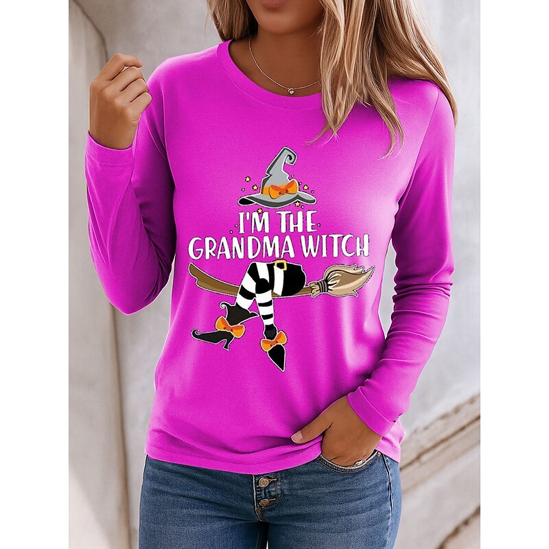 Halloween Women's T shirt Witch Long Sleeve Graphic Letter Vintage Fashion Stylish Long Sleeve Crew Neck Regular Tops Daily Weekend Print Pink Blue Orange Green Spring Fall Winter Prefall2