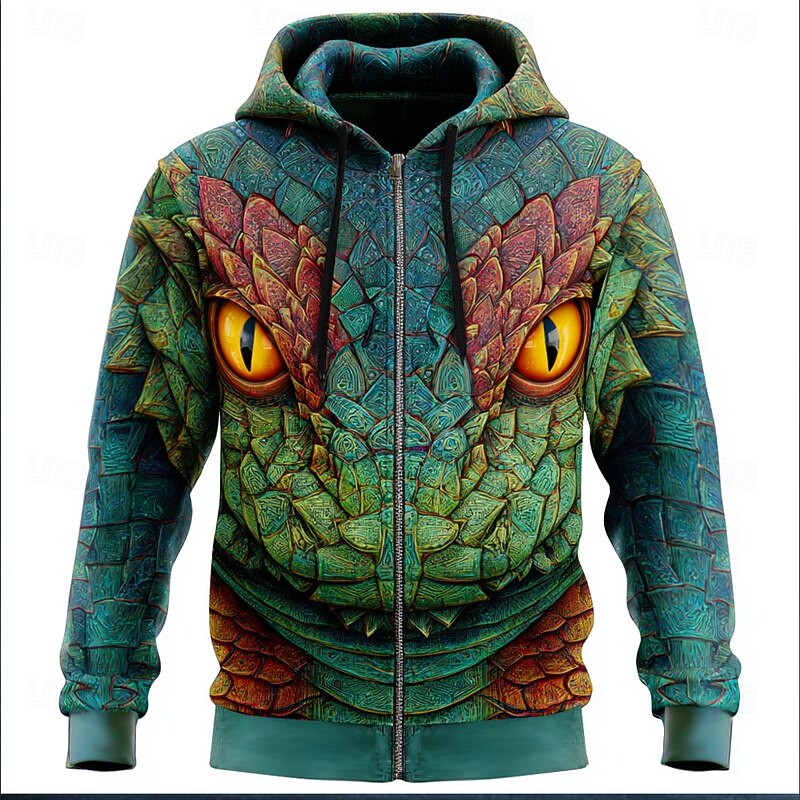 Men's Dragon 3D Hoodie Jacket Sweatshirt Fantasy All Over Print Zip Vacation Going out Streetwear Blue Dark Green Zipper Fall Winter Designer