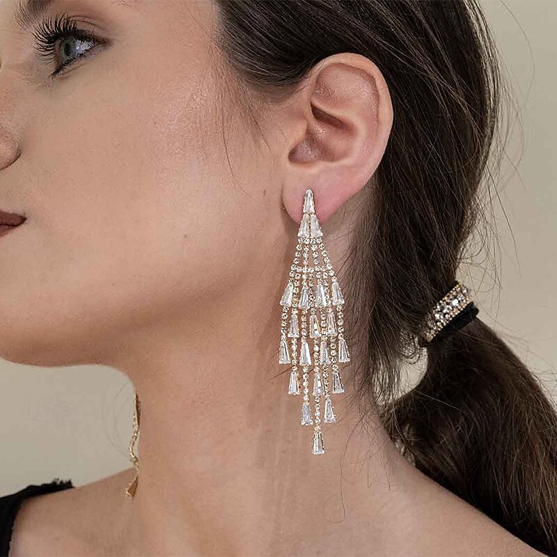 Women's Cubic Zirconia Drop Earrings Tassel Fringe Precious Gypsophila Elegant Fashion Imitation Diamond Earrings Jewelry Silver For Wedding Party Daily Festival 1 Pair