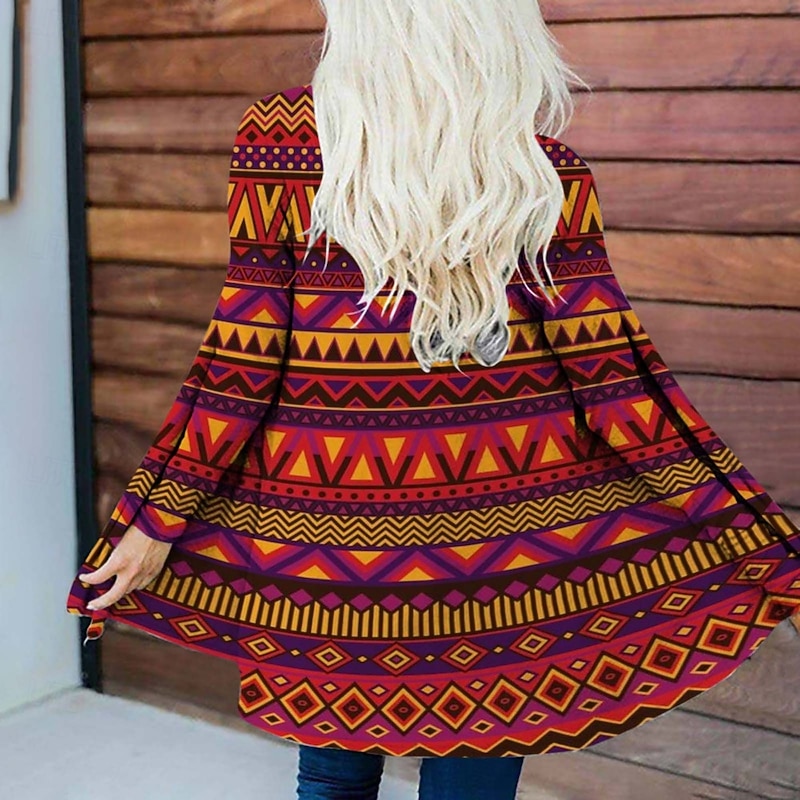 Women's Casual Jacket Warm Comfortable Irregular Hem Open Front Elegant Vintage Fashion Modern Geometric Street Casual Athleisure Daily Long Collarless Loose Fit Long Sleeve Outerwear Red Blue Brown2