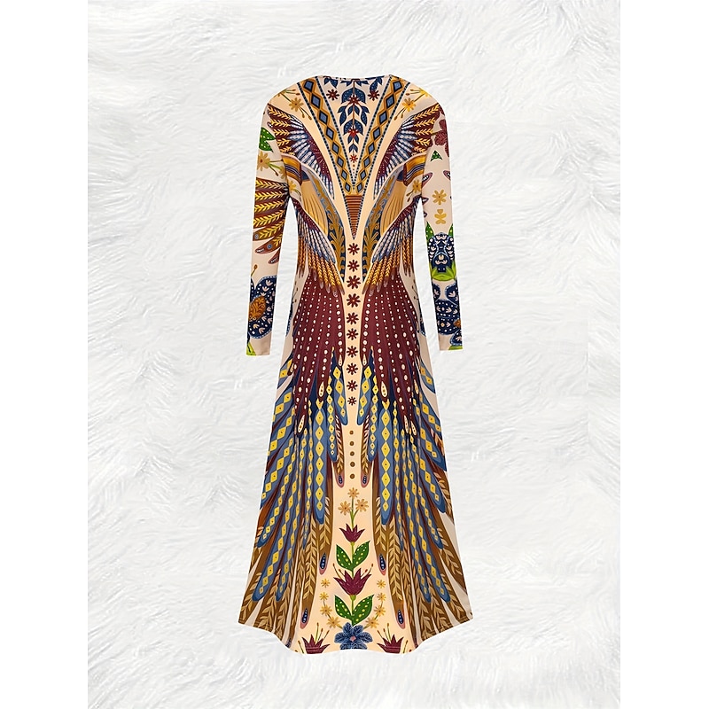 Women's Maxi Dress Sheath Dress A Line Dress Casual Boho Wedding Guest Beach Regular Fit Floral Graphic Bird Long Sleeve Crew Neck Yellow Spring Fall Winter2