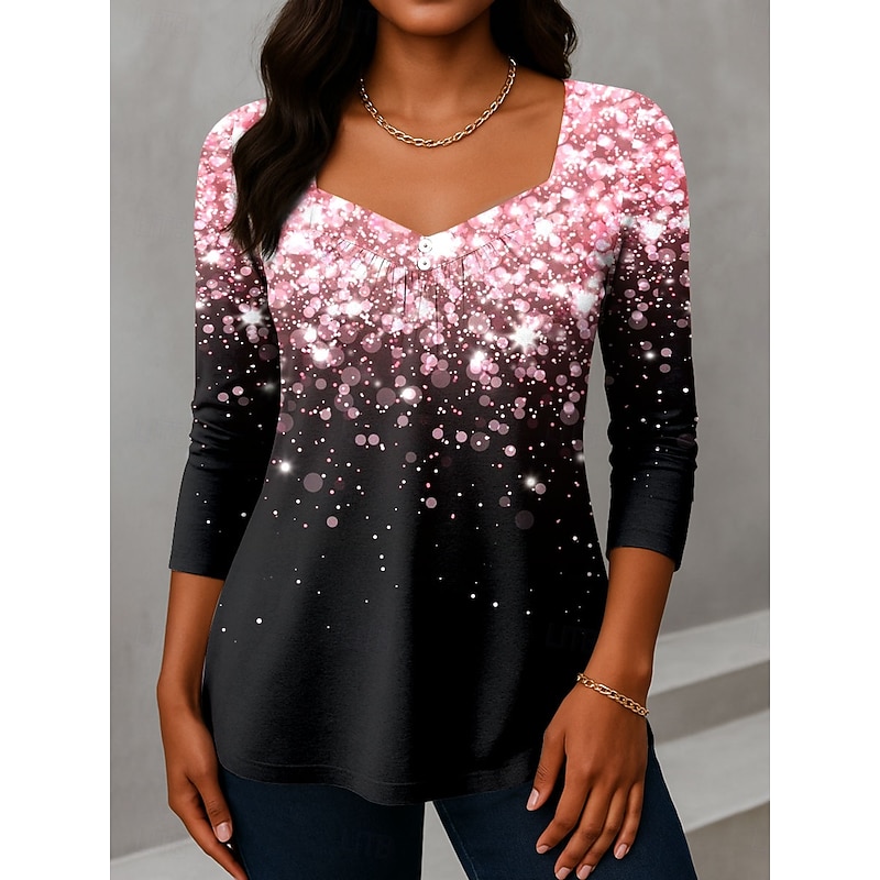 Women's T Shirt Ombre Graphic Vintage Fashion Stylish Long Sleeve V Neck Asymmetric Neck Regular Tops Daily Weekend Vacation Wear Buttons Print Pink Blue Purple Green Gray Summer Spring