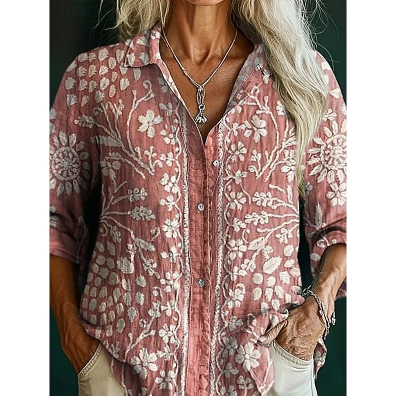 Women's Shirt Floral Graphic Elegant Bohemia Daily Long Sleeve Shirt Collar Regular Tops Daily Holiday Buttons Print White Pink Light Purple Purple Orange Spring Fall Winter3