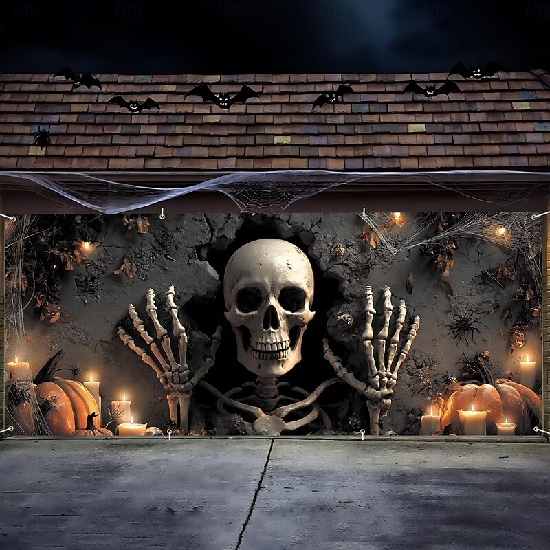 Halloween Garage Door Cover Large Hanging Backdrop Skeleton Grim Reaper Dark Punk Gothic Style Party Outdoor Shooting Backgrounds Yard Haunted House Home Decor4