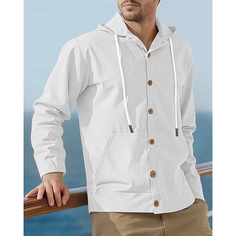 Men's Lightweight Jacket Casual Jacket Hoodie Jacket Vacation Daily Breathable Drawstring Pocket Spring Fall Plain Fashion Classic Hooded Regular Black White Yellow Navy Blue Khaki Jacket