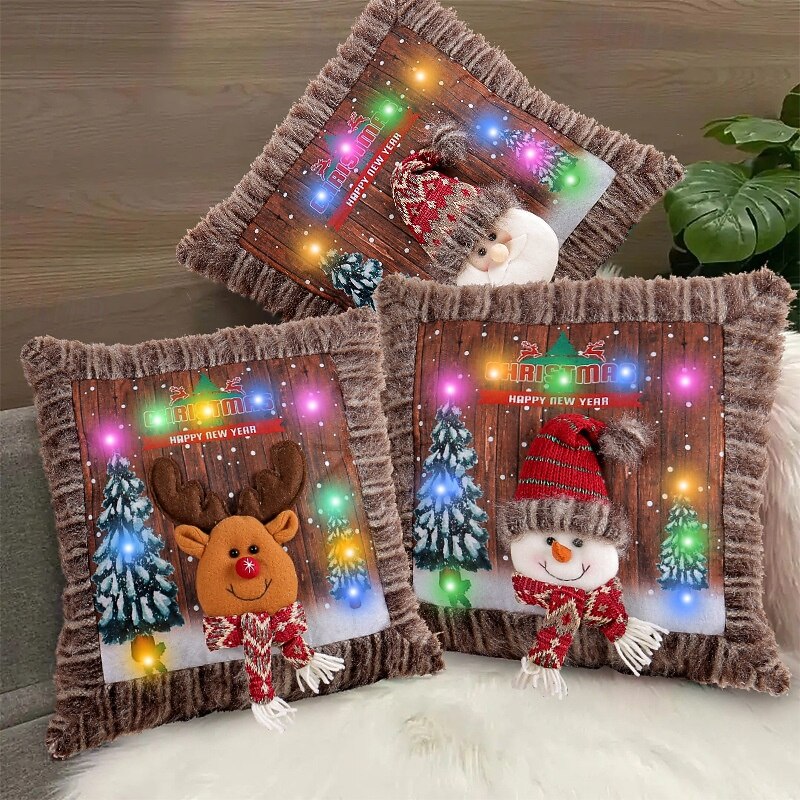 Christmas Pillow Cover with Light Plush Santa Claus and Snowman Cushion Case for Living Room Sofa Holiday Decoration Festive Christmas Party Home Cozy Accessory2