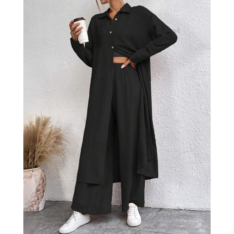 Women's Active Fashion Blouse Pants Sets Long Sleeve V Neck Solid Color Outdoor Vacation Holiday Black Green Light Blue Fall Regular Fit3