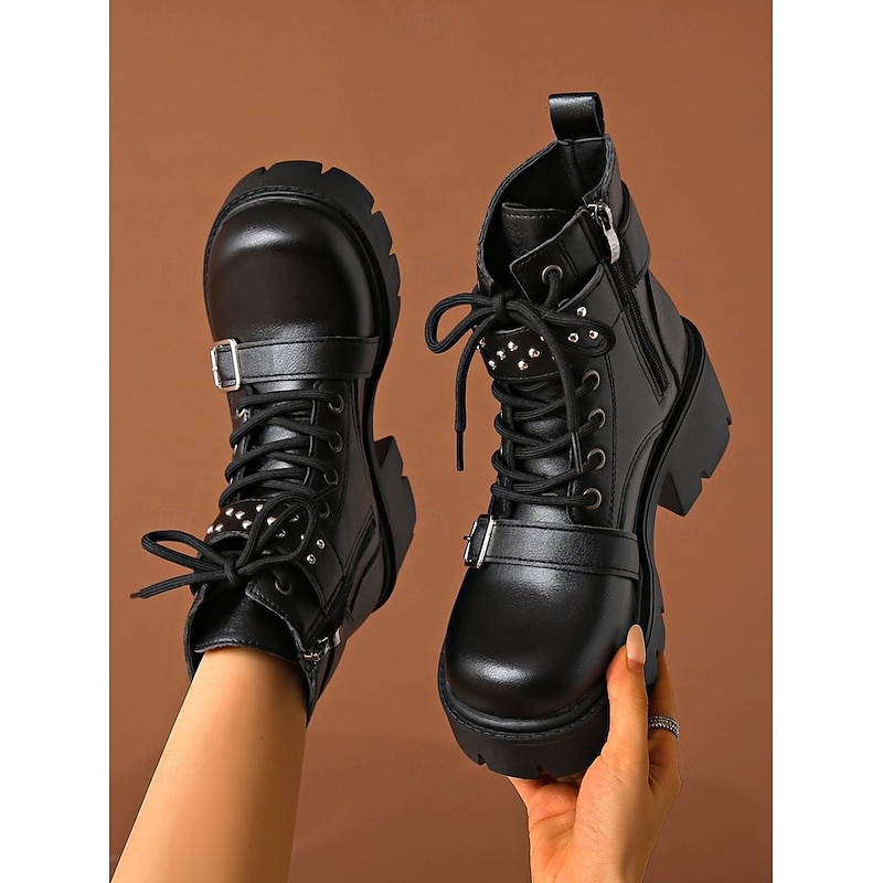 Women's Boots Combat Boots Daily Booties Ankle Boots Lace-up Chunky Heel Round Toe Casual Faux Leather Zipper Light Brown Black Gray4