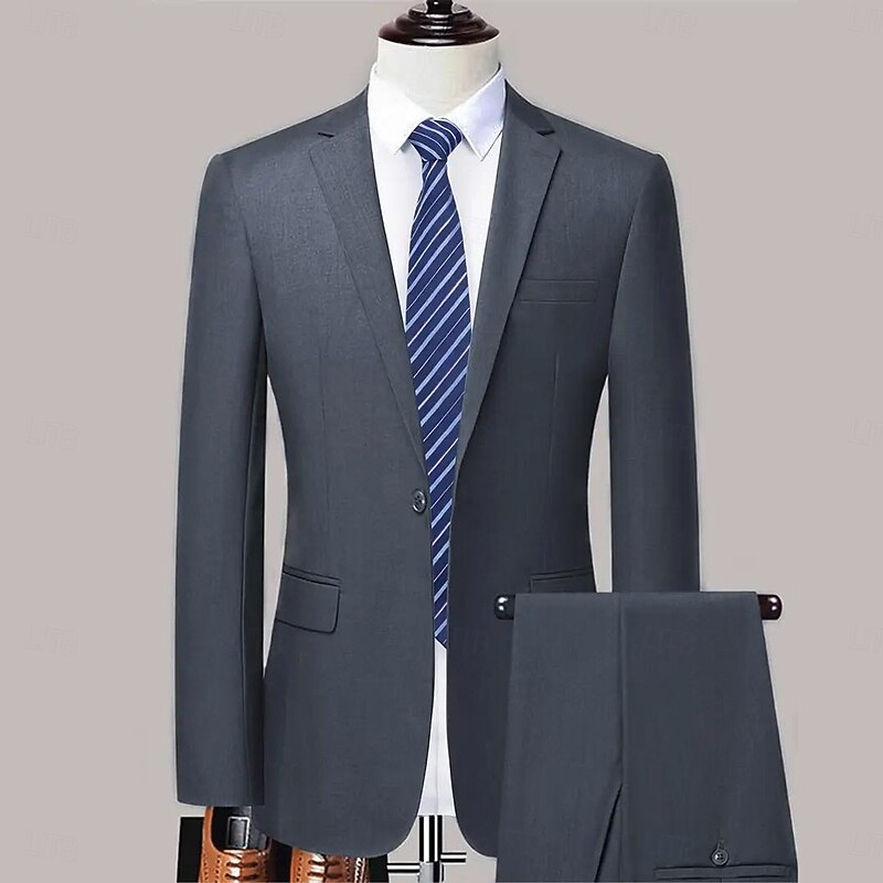 Men's Wedding Casual Business Suits Notch Lapel Dark Grey Formal Solid Colored Tailored Fit 2 Piece Single Breasted One-button