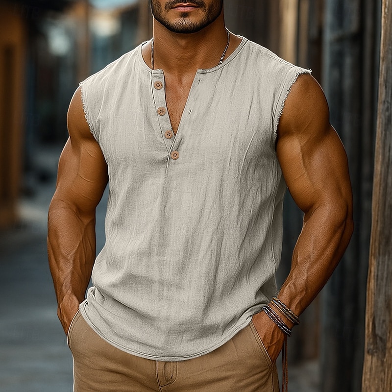 Men's Cotton Linen Shirt Henley Shirt Vest Top Sleeveless Henley Summer Plain Fashion Designer Bohemian Buttons Vacation Casual Going out Light Blue Black White Top Tee for Men2