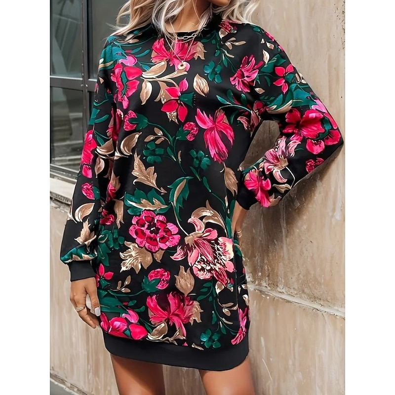Women's Sweatshirt Dress Mini Dress Sweater Dress Shift Dress Vacation Casual Boho Outdoor Regular Fit Floral Graphic Long Sleeve Crewneck Red black Pink Green Grey Fall Winter