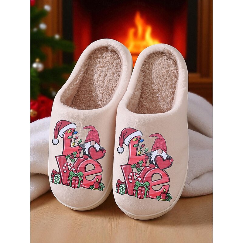 Women's Beige Christmas Slippers with Plush Lining and Festive Love Print – Cozy Indoor Winter Shoes for Holiday, Home and Gift Giving2