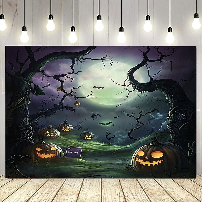Halloween backdrop Haunted House Backdrop Tapestry, Spooky Full Moon Night with Creepy Tree, Pumpkin Lantern and Gothic Cottage, Scary Wall Hanging Decoration for Living Room, Bedroom, Party or Haunted Theme Decoration2