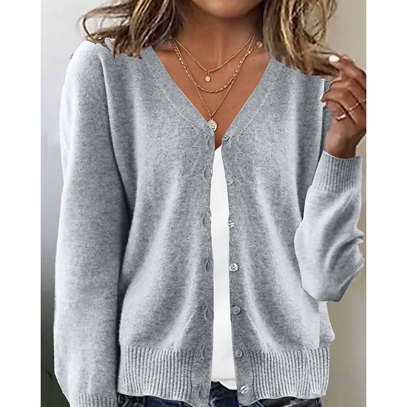 Women's Cardigan Vintage Daily Vintage Style Solid Color Ribbed V Neck Buttons Knitted Long Sleeve Regular Tops Knit Outdoor Daily Black White Fall Winter