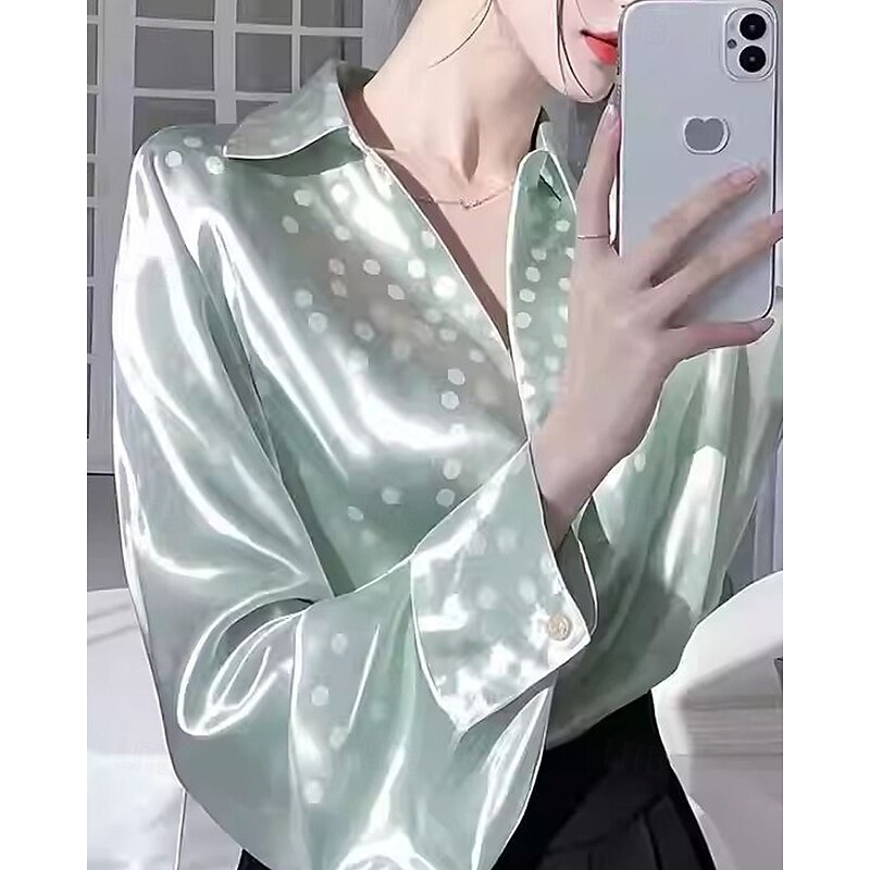 Women's Shirt Elegant Dressy Satin Polka Dot Stylish Modern Long Sleeve Shirt Collar Regular Tops Daily Holiday Going out Buttons White Champagne Light Green Pink Fall4