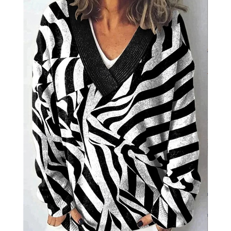 Women's Sweater Fashion Color Block Ribbed V Neck Knitted Long Sleeve Regular Tops Knit Holiday Going out Weekend Black Fall