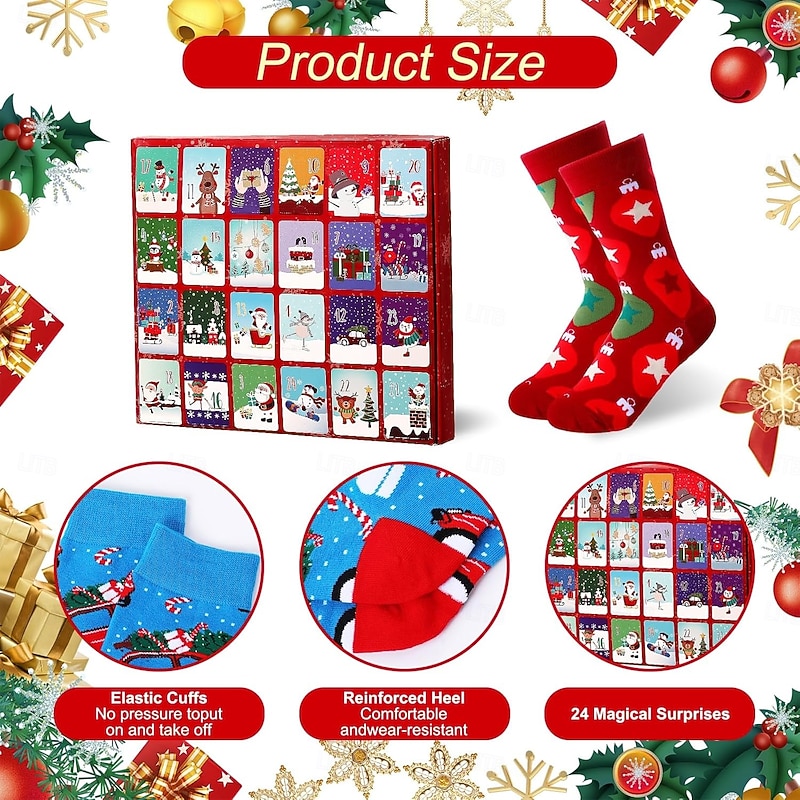 Christmas Socks Advent Calendar Xmas Gift 12/24 Pairs For Kid Advent Box Socks Christmas Countdown, Santa Elk Snowman Tree Pattern for Gifts Advent Calendar4