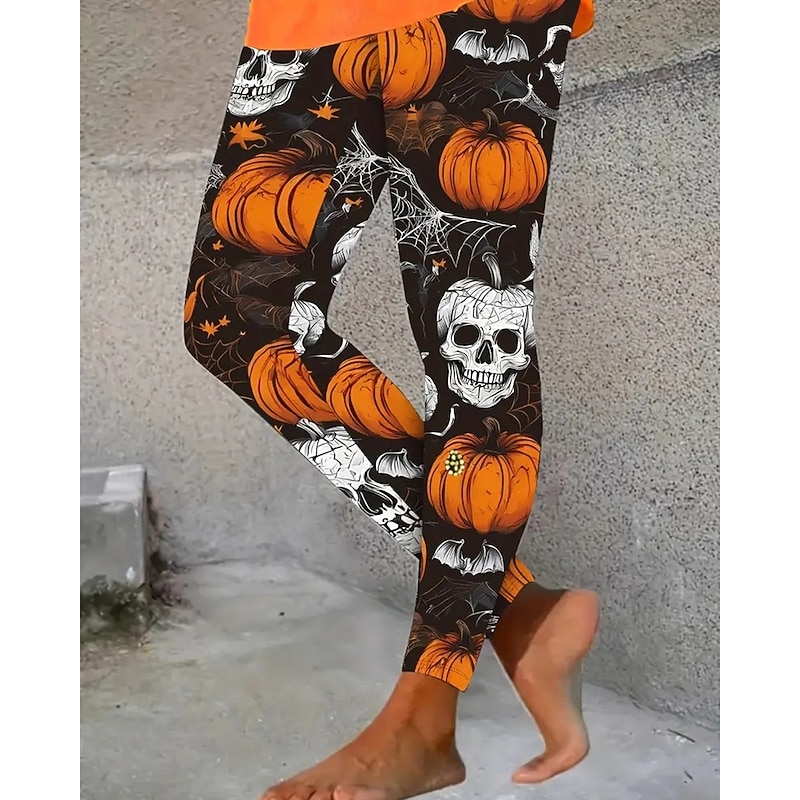 Women's Pants Trousers Leggings Cozy Leggings Streetwear Casual Full Length High WaistPantsHalloween Skull Pumpkin Elastic Waist Print Breathability Comfortable Stretchy Vacation Street Daily Wear
