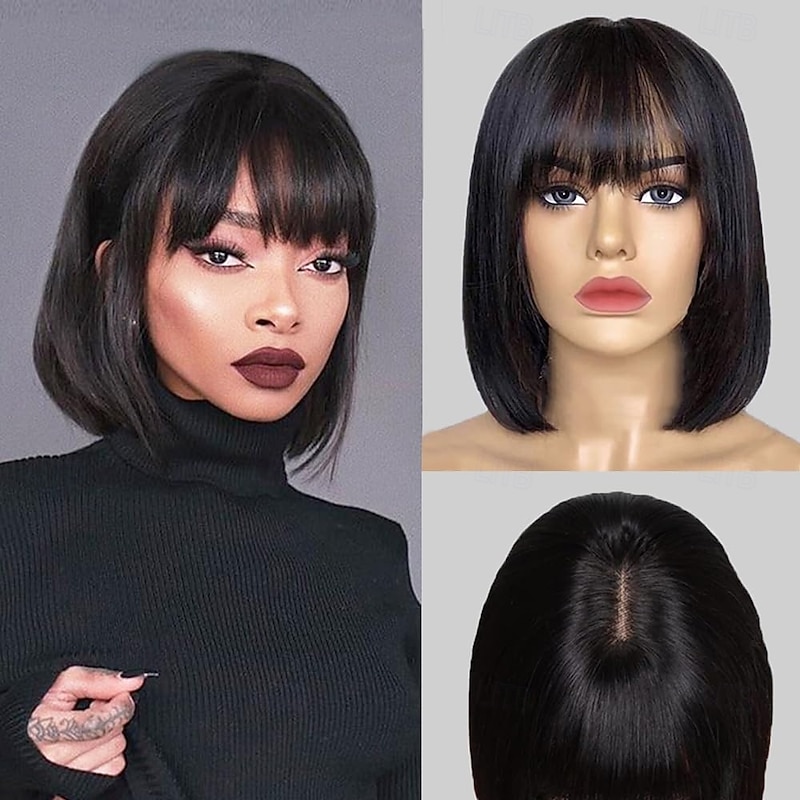 Short Bob Wig with Bangs Human Hair Glueless Lace Bob Wigs 2X1 Bob Wig With Bangs Human Hair for Women Natural Black 180% Density