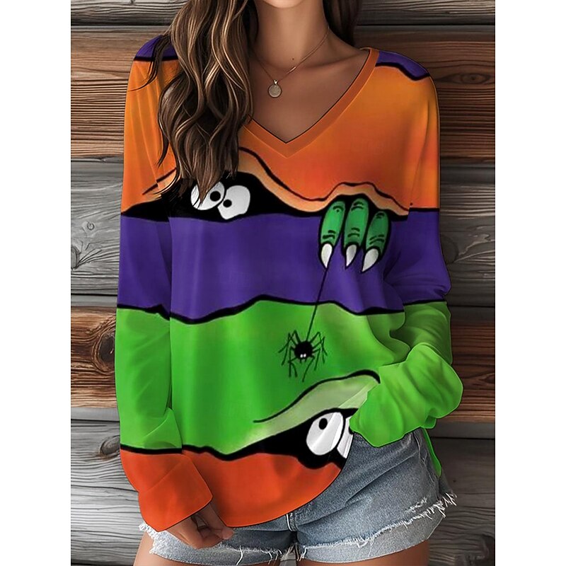 Halloween Women's T shirt Monster Graphic Pumpkin Vintage Stylish Classic Long Sleeve V Neck Regular Tops Daily Weekend Print Orange Khaki Fall Winter4